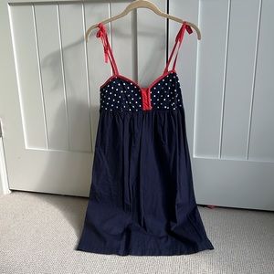Navy, red, and white polka dot spring or summer dress. Lightweight with bows!